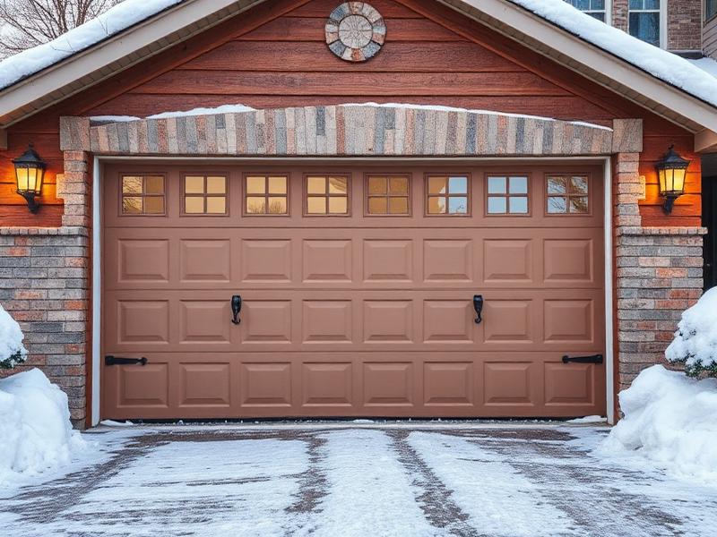 Garage door in winter with snow, showing weatherstripping and insulation