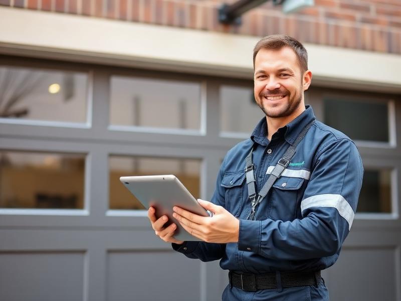 Professional garage door technician with digital tablet performing inspection